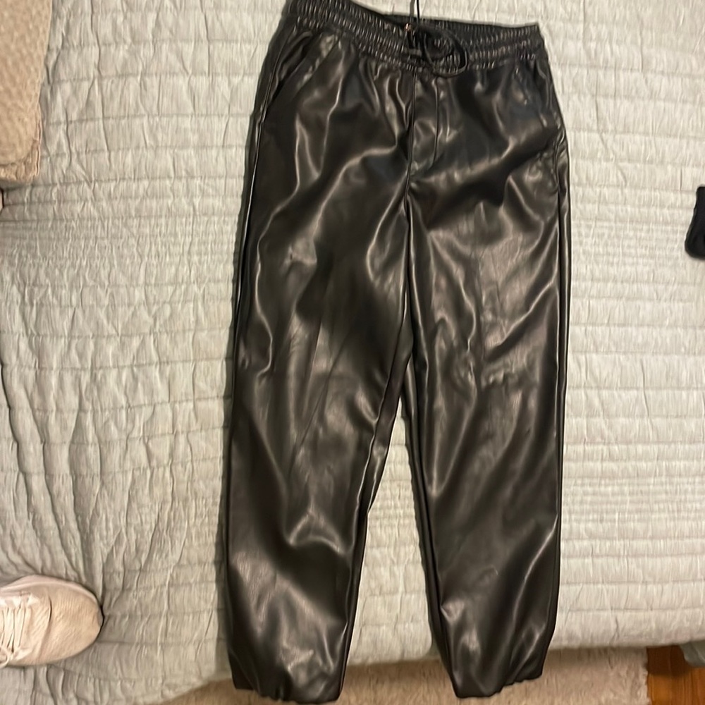 Black leather joggers